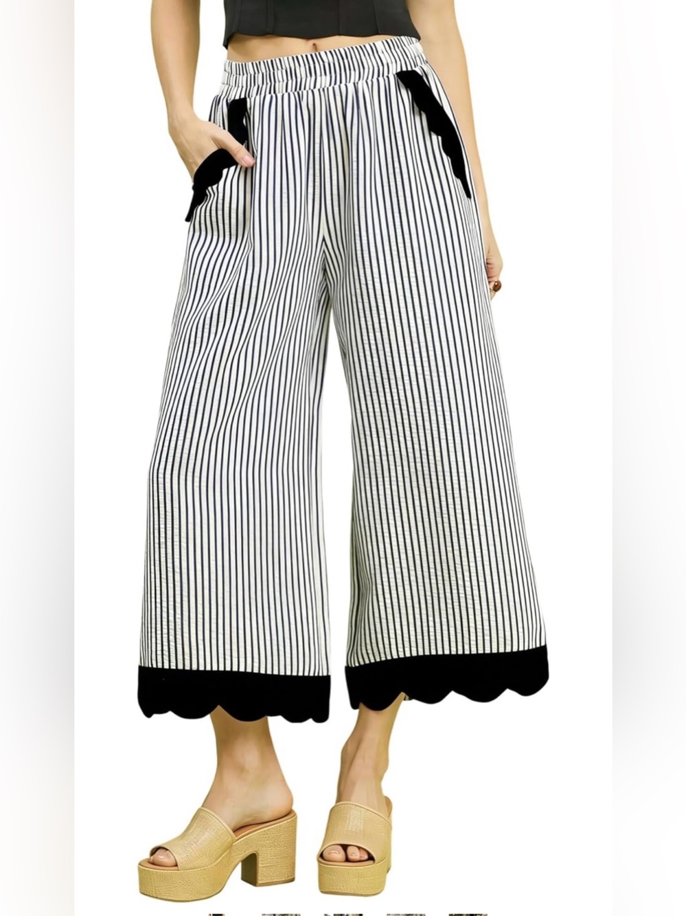WIDE LEG PANTS B&W STRIPED CROPPED PALAZZO SCALLOP HEM SIZE MED NWT